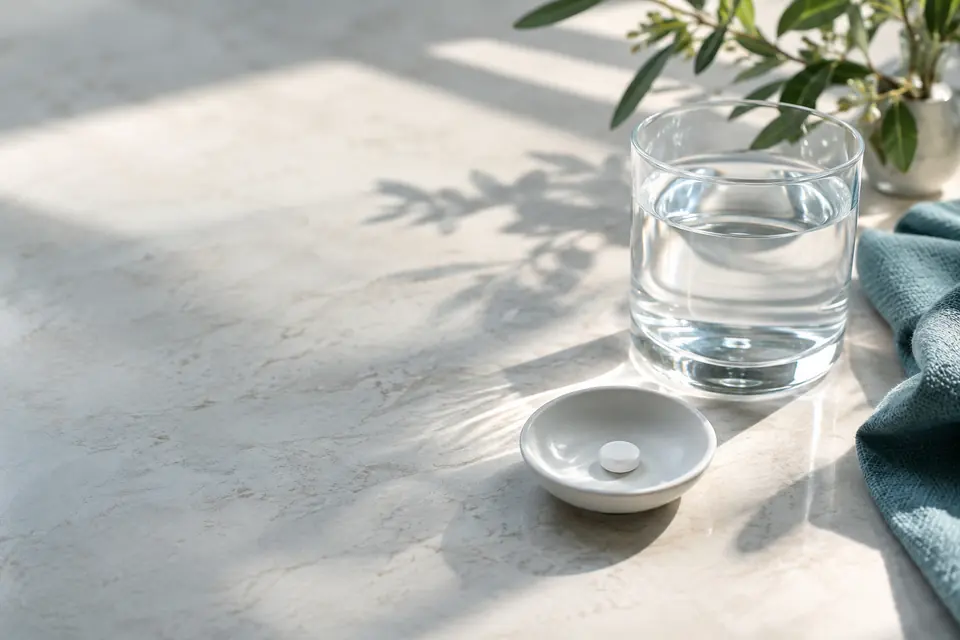 A glass of water and a small tablet dish in morning light